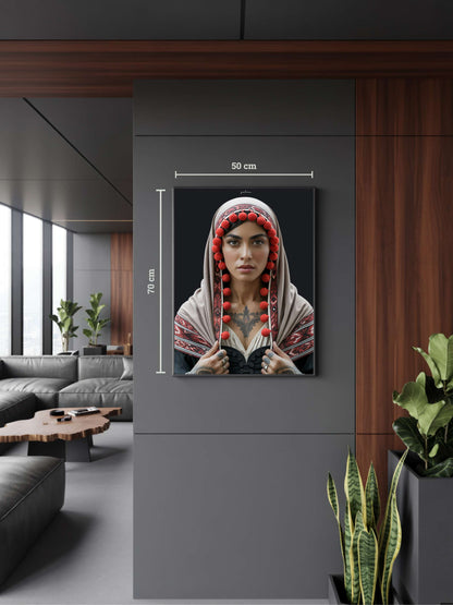 Modernes Interieur mit Kunstwerk „Zahra“. Marokkanisch inspirierte Schwarzwald Kunst mit Bollenhut, moderne Black Forest Art für zeitloses Design.