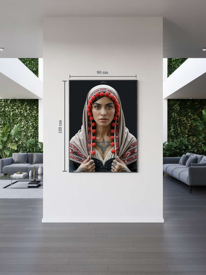 Helles Interieur mit Kunstwerk „Zahra“. Marokkanisch inspirierte Schwarzwald Kunst mit Bollenhut, moderne Black Forest Art für zeitloses Design.